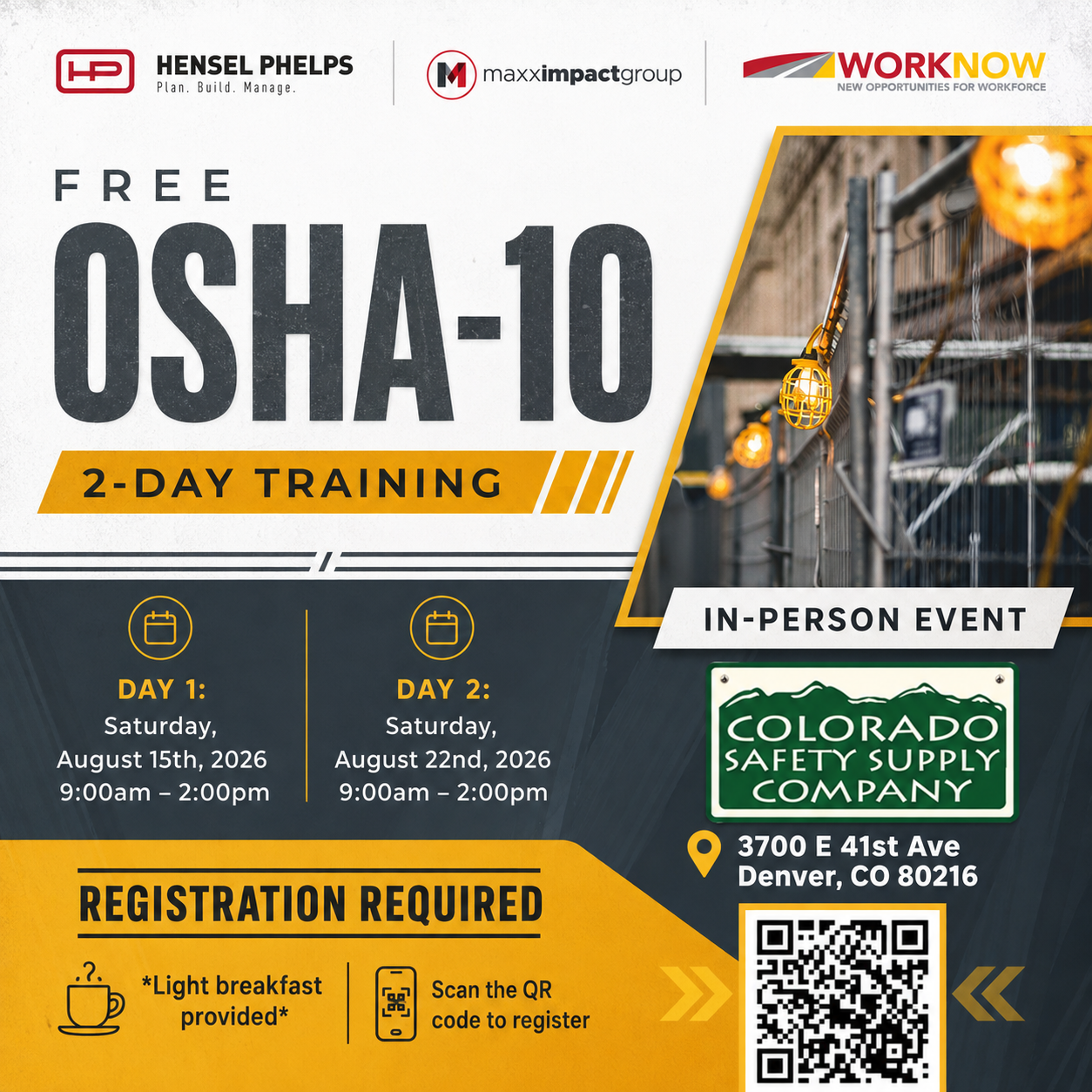 Free OSHA-10 two-day training event flyer with registration QR code